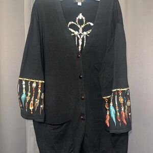 Bob Mackie Wearable Art 2X Cardigan Black Embroidered  Dream Catcher